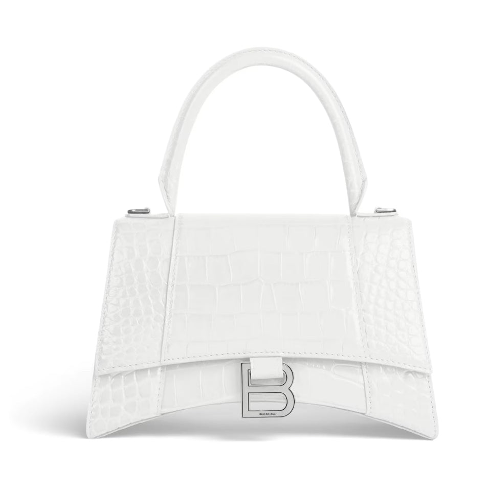 BALENCIAGA White Croc Leather Hourglass Small Handbag