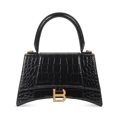 BALENCIAGA Black Croc Leather Hourglass Small Handbag