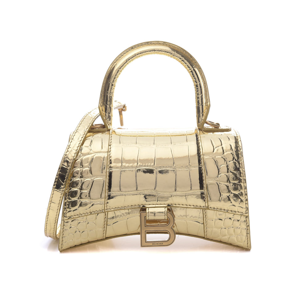 BALENCIAGA Metallic Gold Croc Leather Hourglass XS Handbag