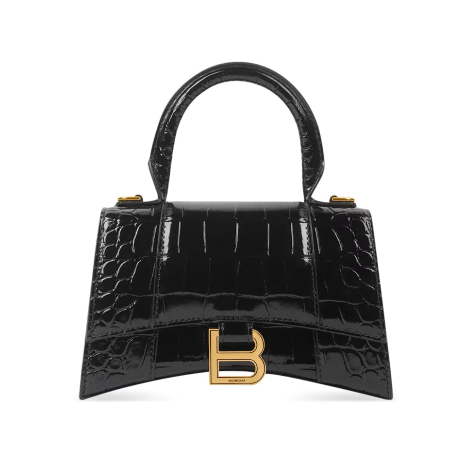 BALENCIAGA Black Croc Leather Hourglass XS Handbag