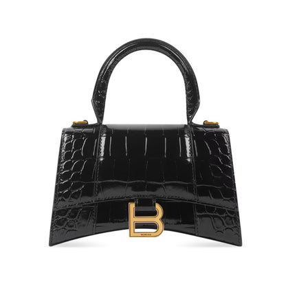 BALENCIAGA Black Croc Leather Hourglass XS Handbag