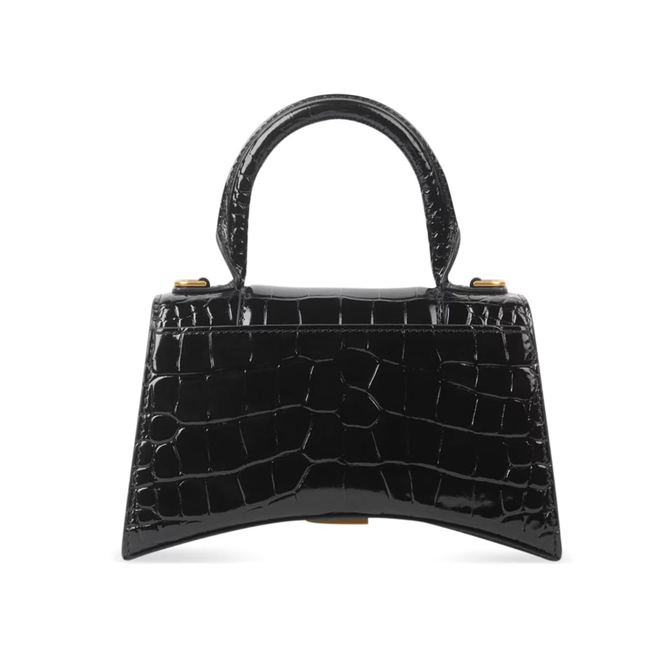 BALENCIAGA Black Croc Leather Hourglass XS Handbag