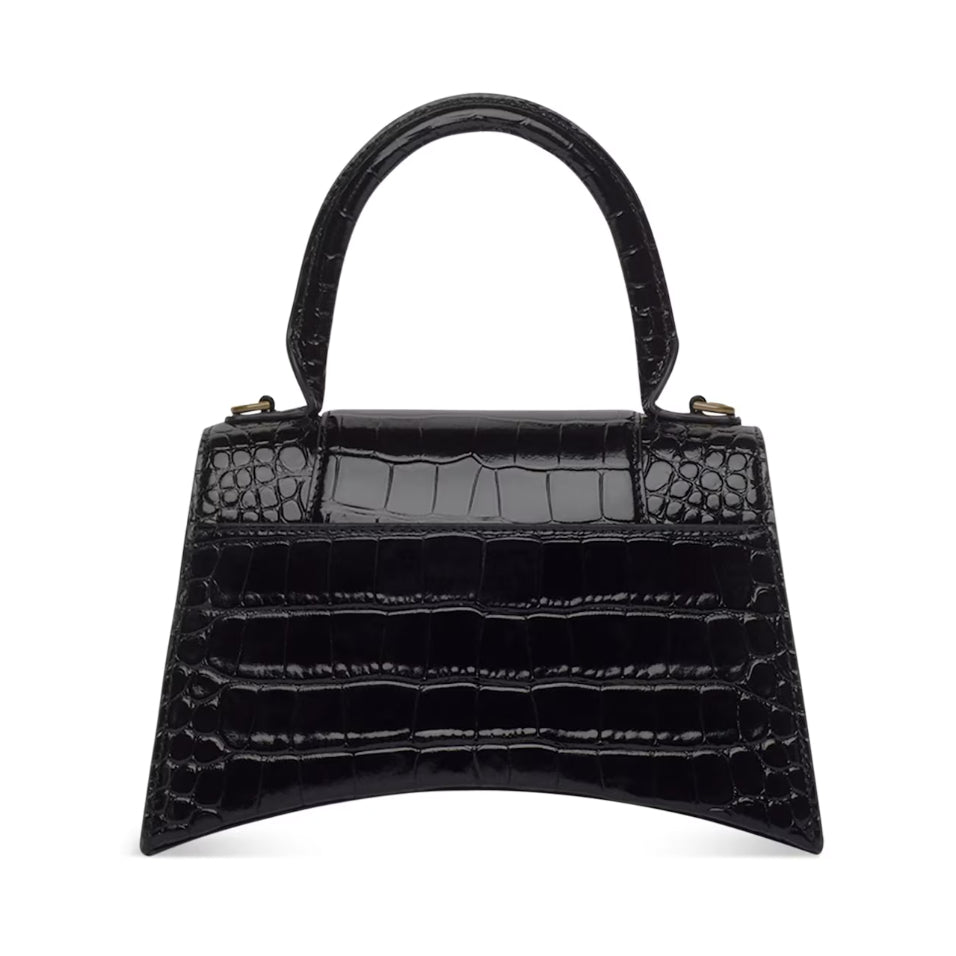 BALENCIAGA Black Croc Leather Hourglass Small Handbag