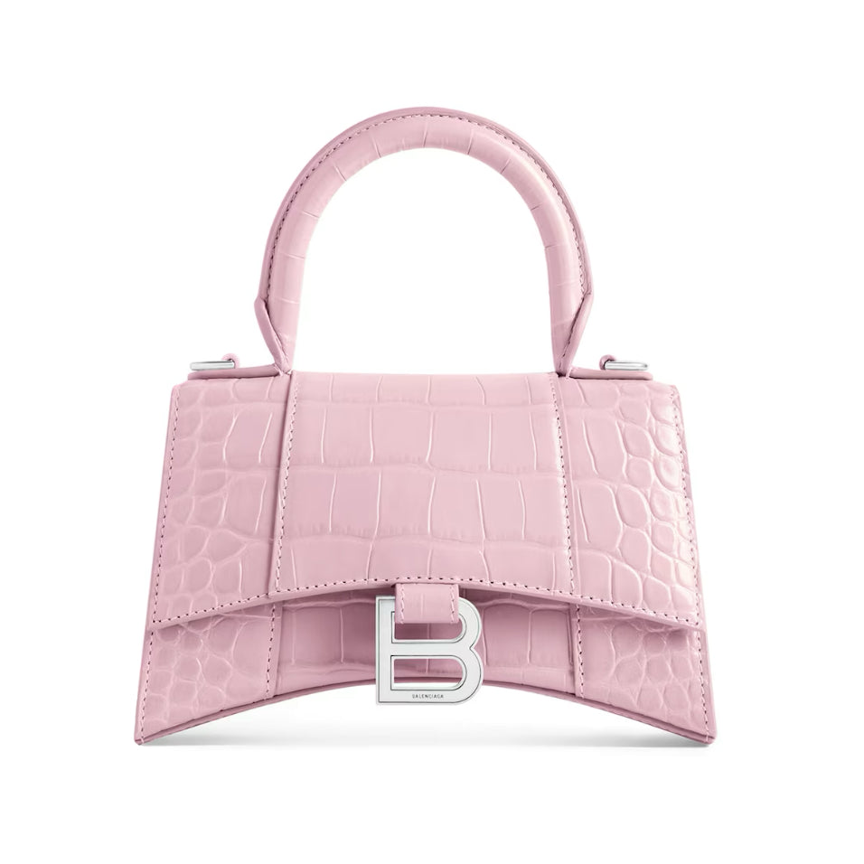 BALENCIAGA Pink Croc Leather Hourglass XS Handbag