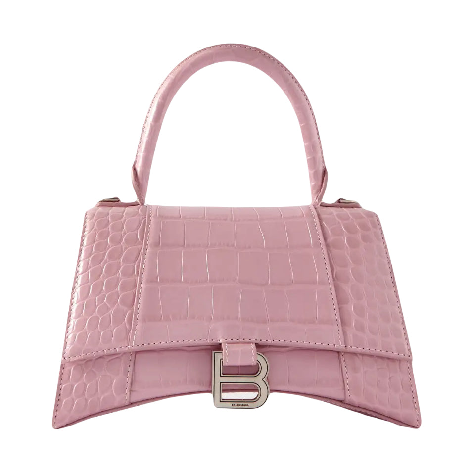 BALENCIAGA Pink Croc Leather Hourglass Small Handbag